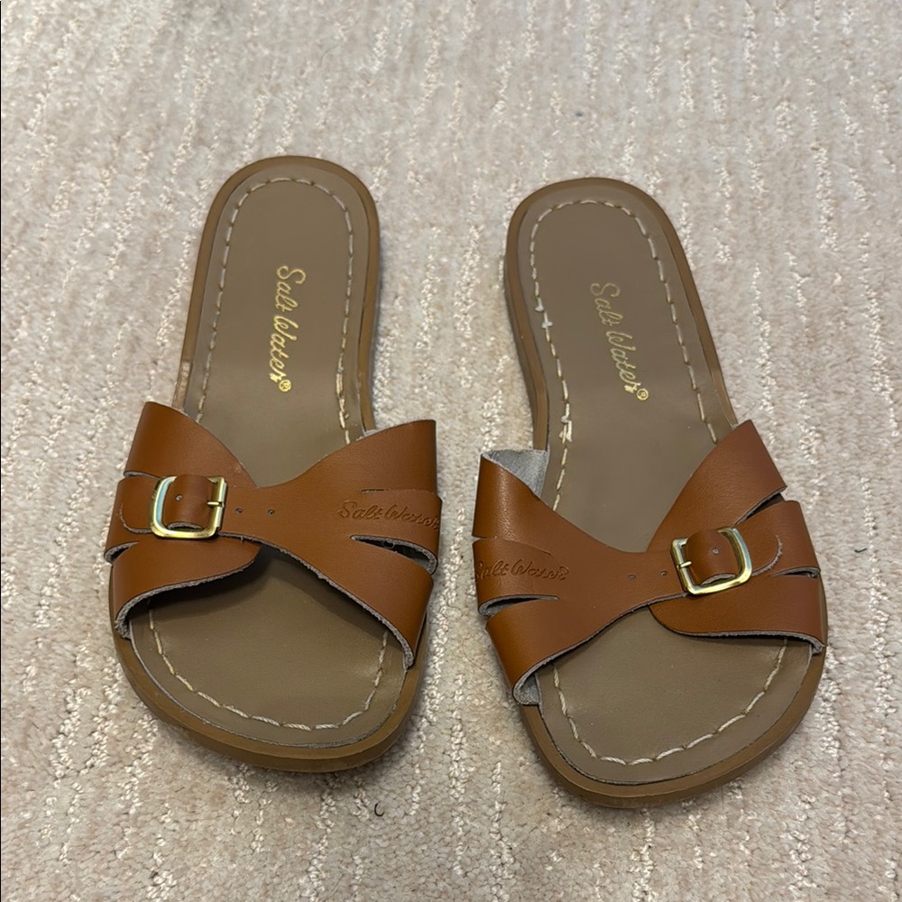Sole Society Tan Slide Sandals with Buckle Detail